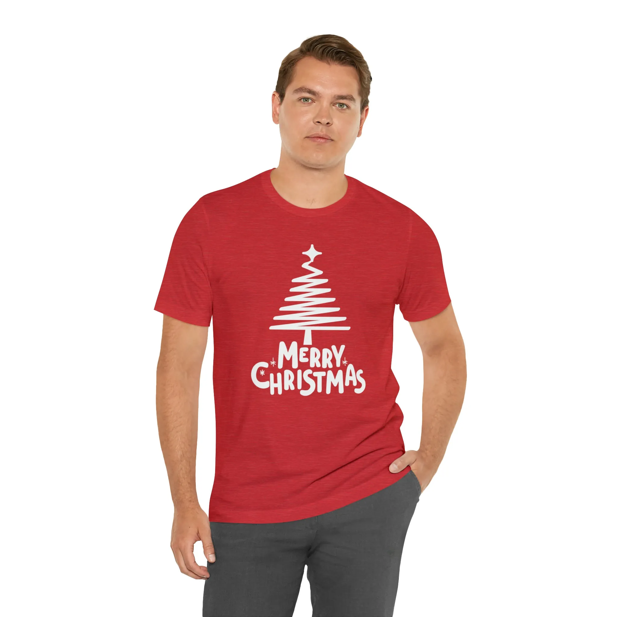 White Merry Christmas Tree T-Shirt | Christmas Holiday Tee |  Bella Canvas 3001Unisex | Happy Holidays Party Short Sleeve Tshirt