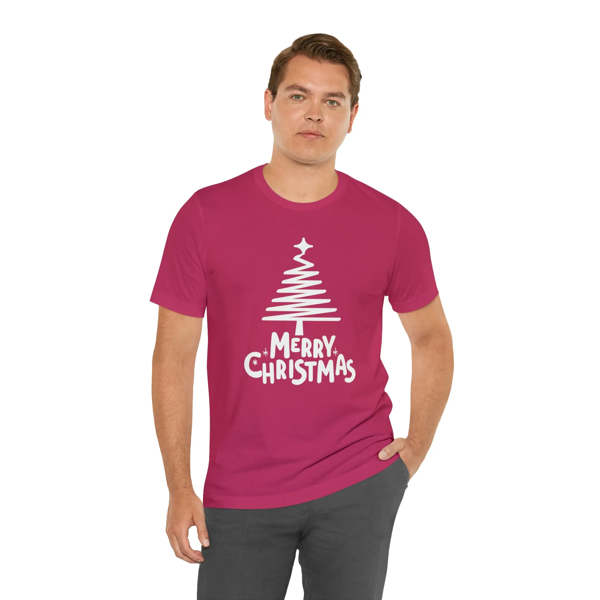 White Merry Christmas Tree T-Shirt | Christmas Holiday Tee |  Bella Canvas 3001Unisex | Happy Holidays Party Short Sleeve Tshirt