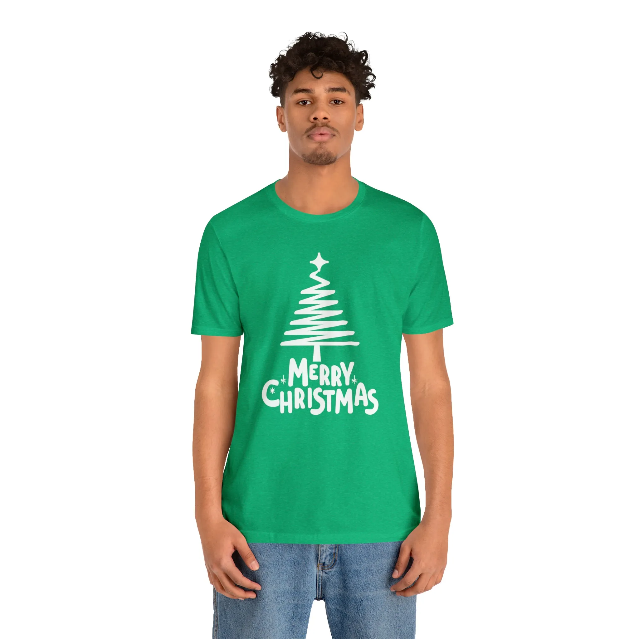 White Merry Christmas Tree T-Shirt | Christmas Holiday Tee |  Bella Canvas 3001Unisex | Happy Holidays Party Short Sleeve Tshirt