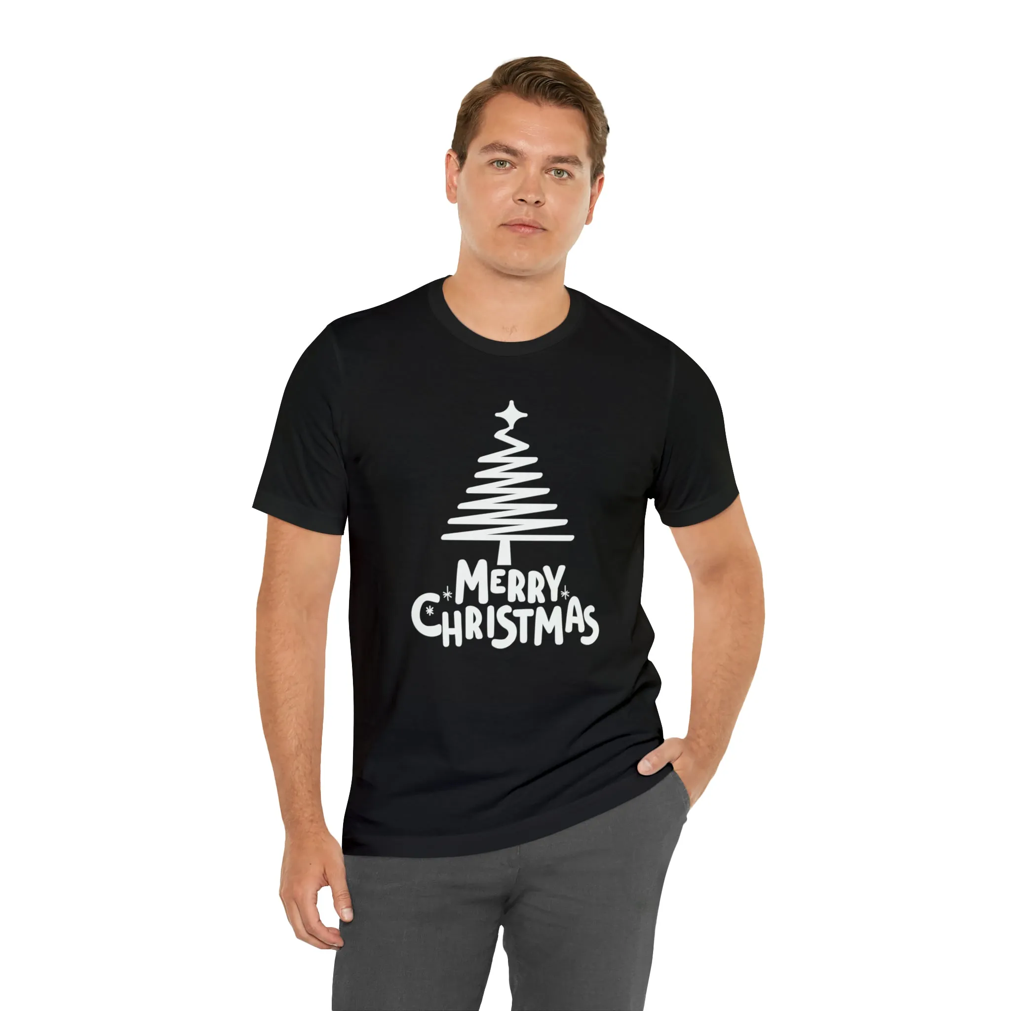 White Merry Christmas Tree T-Shirt | Christmas Holiday Tee |  Bella Canvas 3001Unisex | Happy Holidays Party Short Sleeve Tshirt