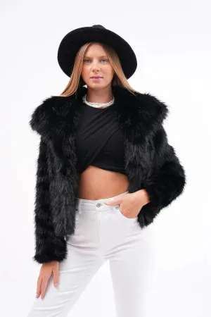Wide Collar Faux Fur Jacket – Black