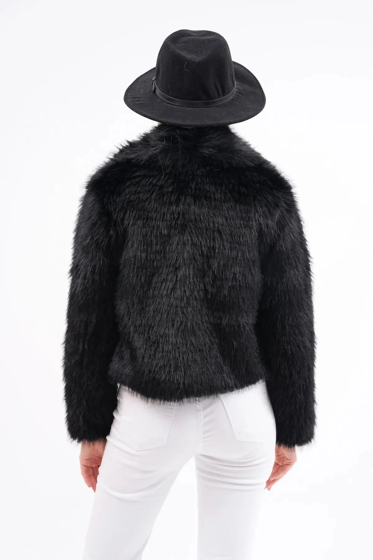 Wide Collar Faux Fur Jacket – Black
