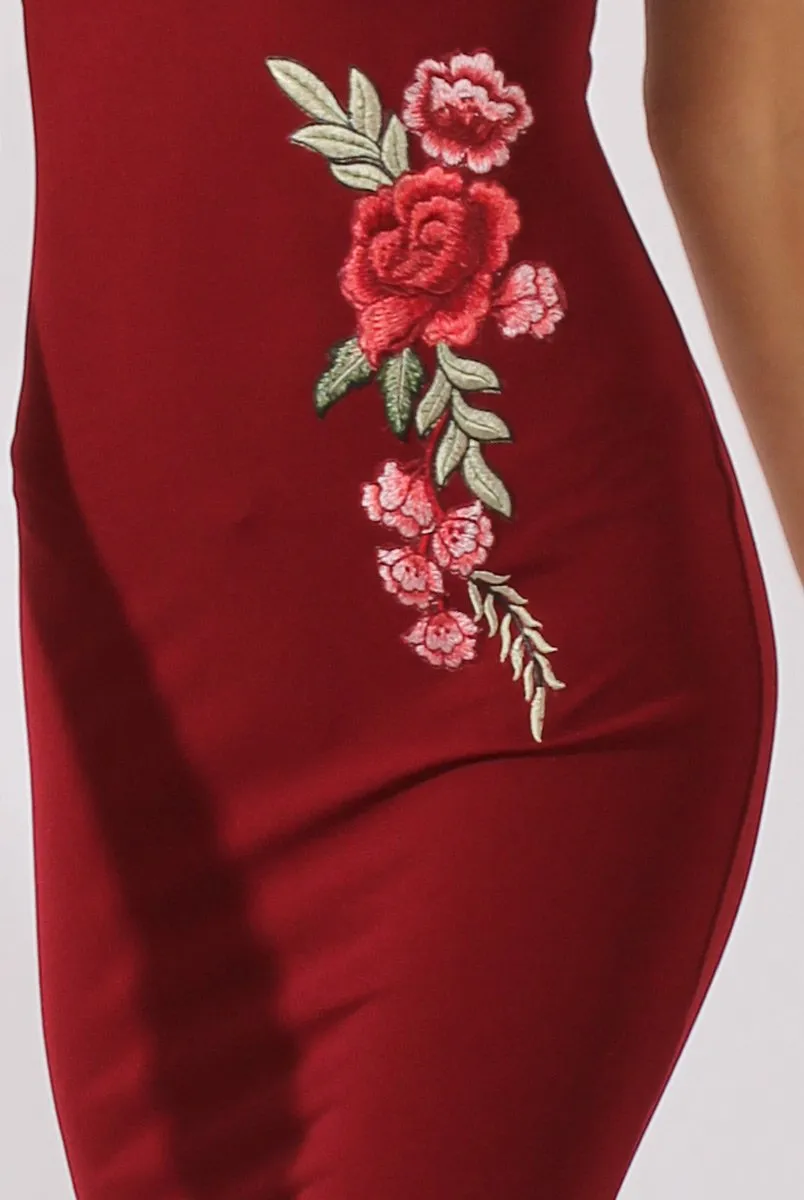 Wine Bardot Frill Embroidered Dress - Jasmine