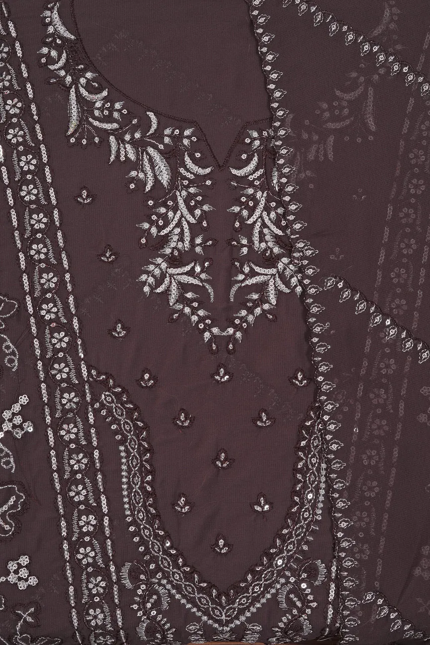 Wine Sequin Embroidered Poly Georgette Dress Material with Dupatta