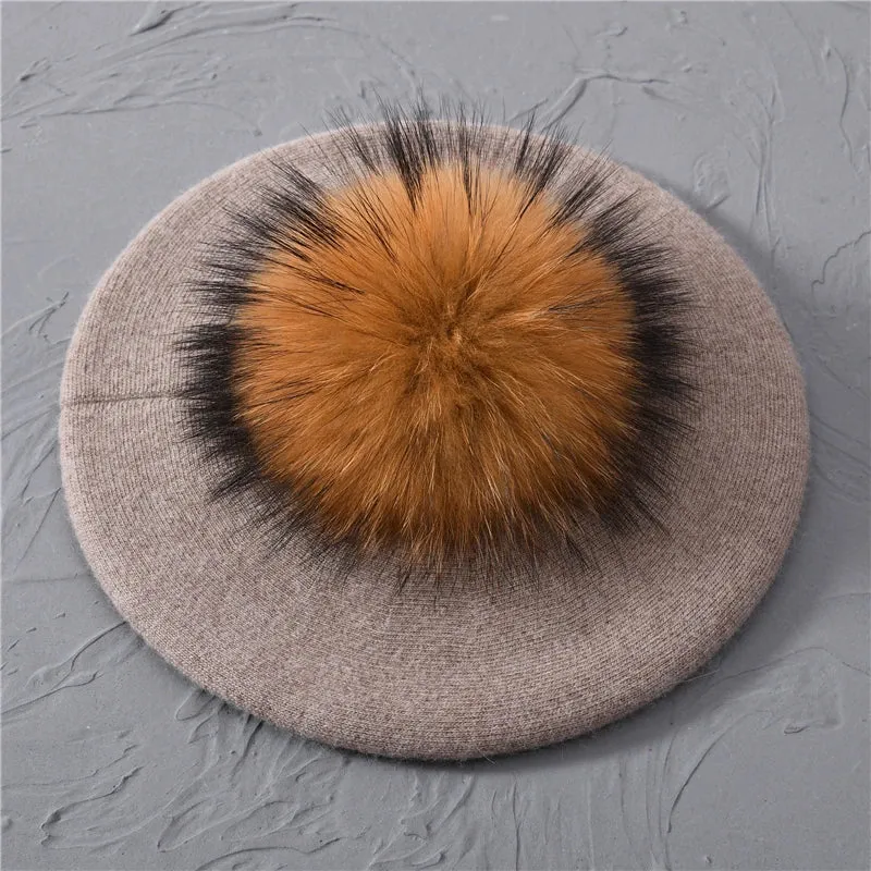 Winter Women's Knitted Wool Beret with Natural Raccoon Fur Pom-Pom