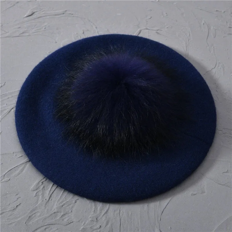 Winter Women's Knitted Wool Beret with Natural Raccoon Fur Pom-Pom