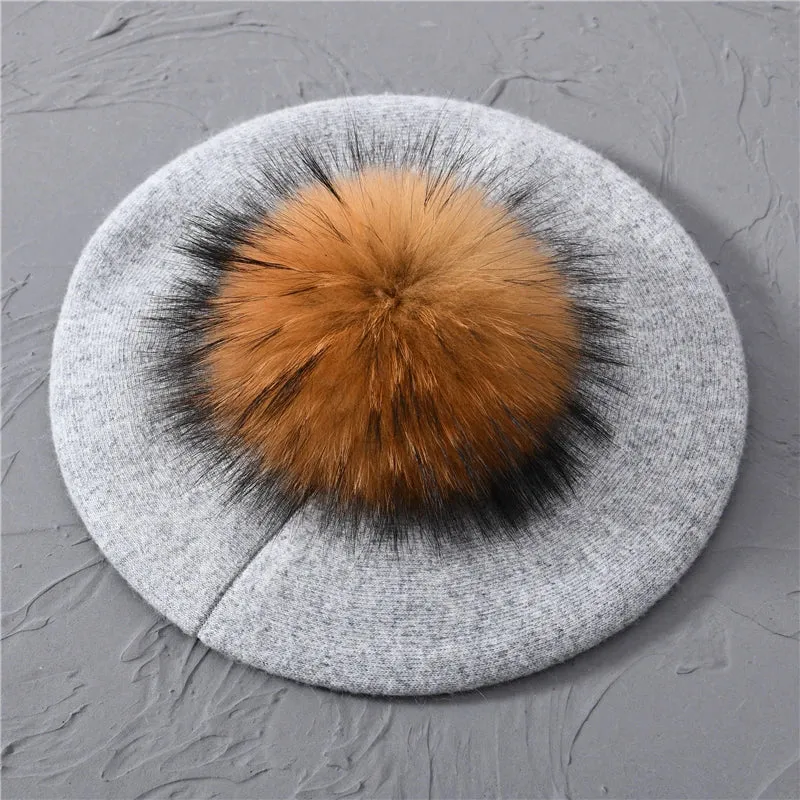 Winter Women's Knitted Wool Beret with Natural Raccoon Fur Pom-Pom