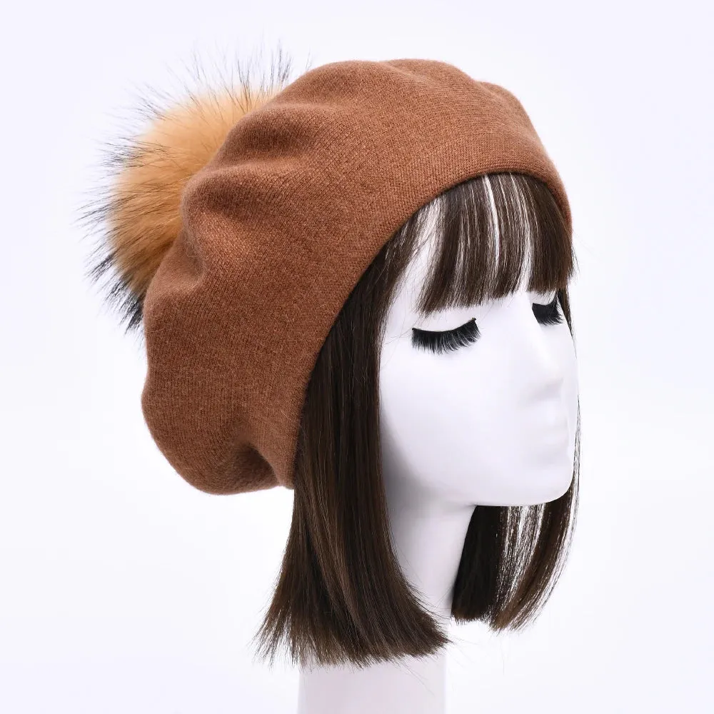 Winter Women's Knitted Wool Beret with Natural Raccoon Fur Pom-Pom