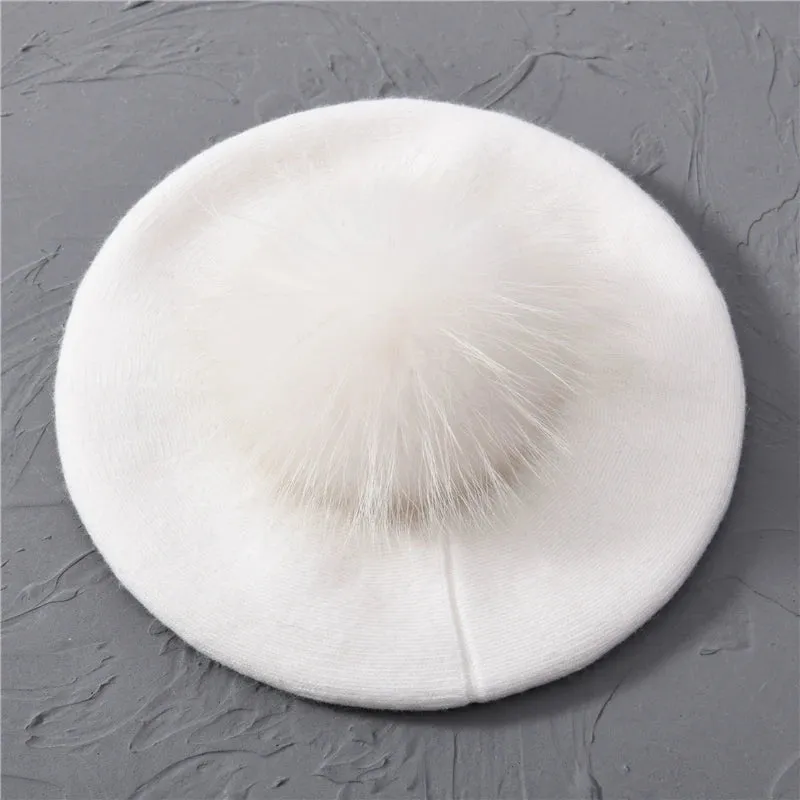 Winter Women's Knitted Wool Beret with Natural Raccoon Fur Pom-Pom