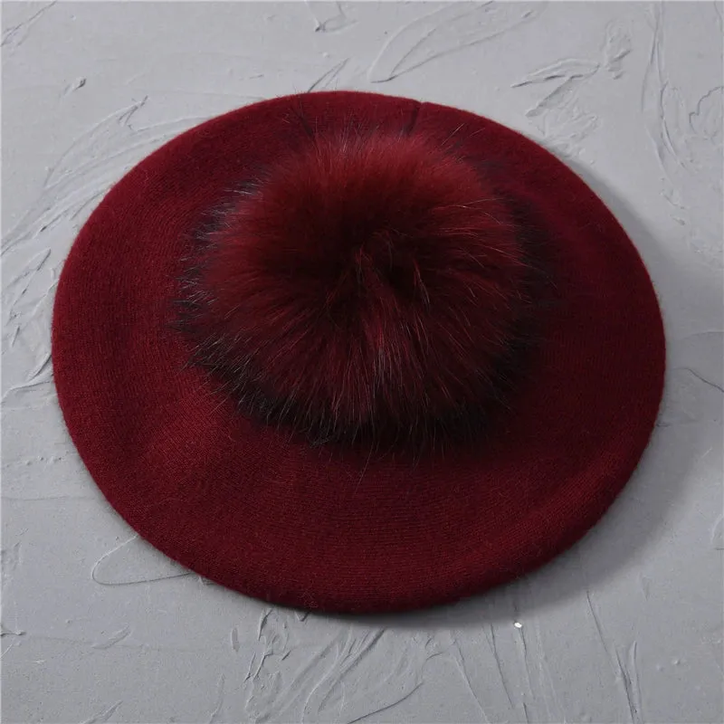 Winter Women's Knitted Wool Beret with Natural Raccoon Fur Pom-Pom