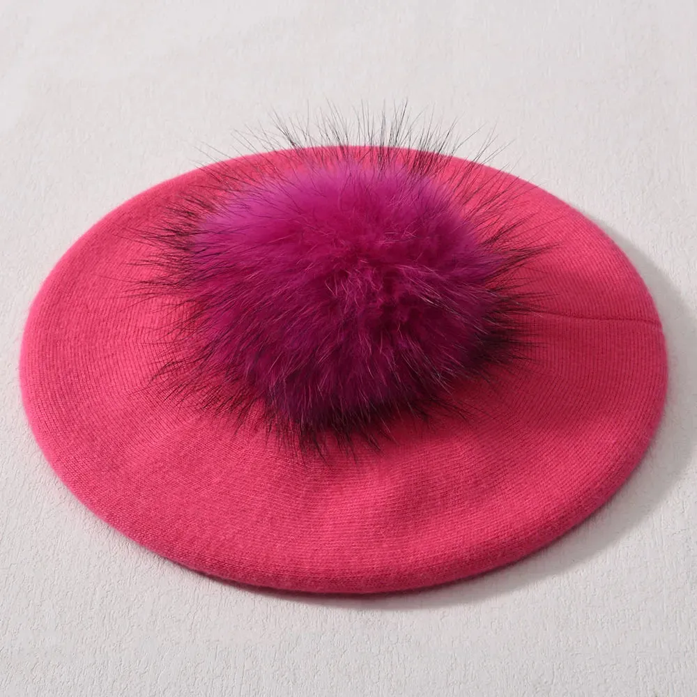 Winter Women's Knitted Wool Beret with Natural Raccoon Fur Pom-Pom