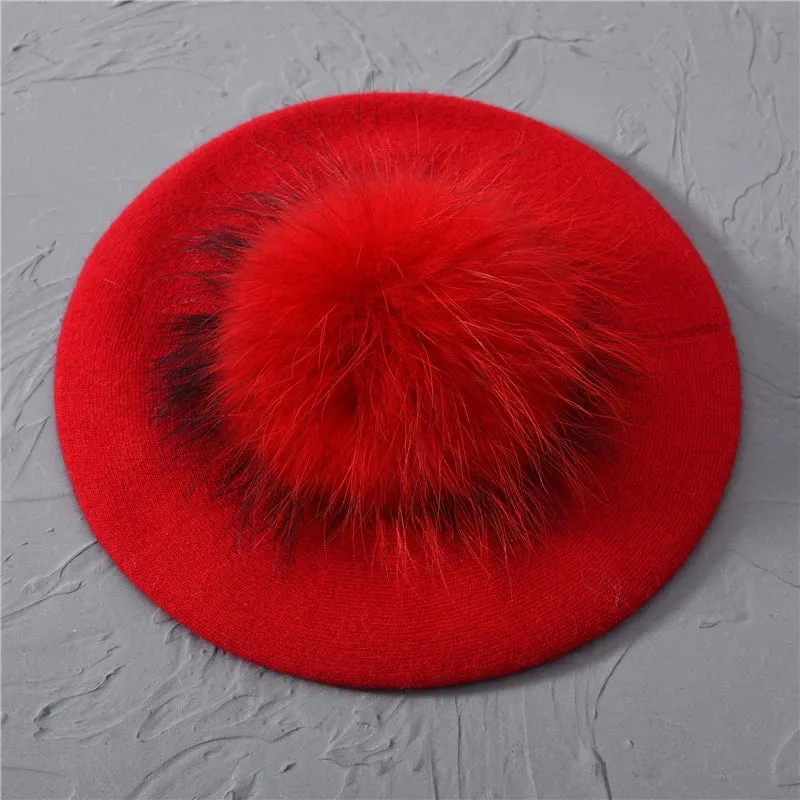 Winter Women's Knitted Wool Beret with Natural Raccoon Fur Pom-Pom