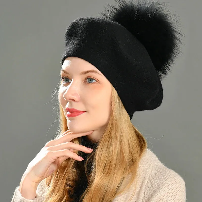 Winter Women's Knitted Wool Beret with Natural Raccoon Fur Pom-Pom