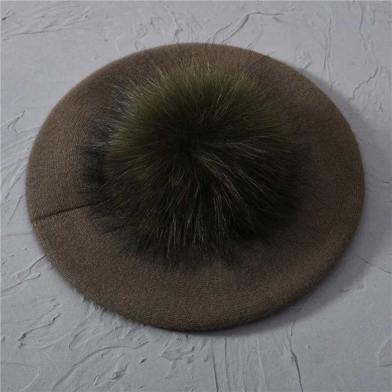 Winter Women's Knitted Wool Beret with Natural Raccoon Fur Pom-Pom