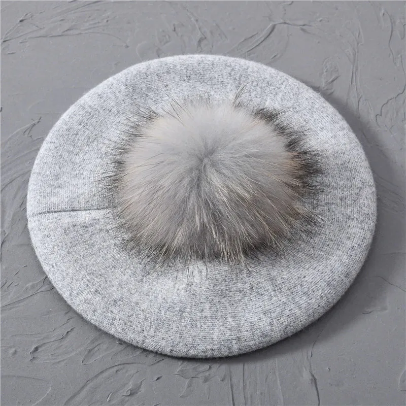 Winter Women's Knitted Wool Beret with Natural Raccoon Fur Pom-Pom