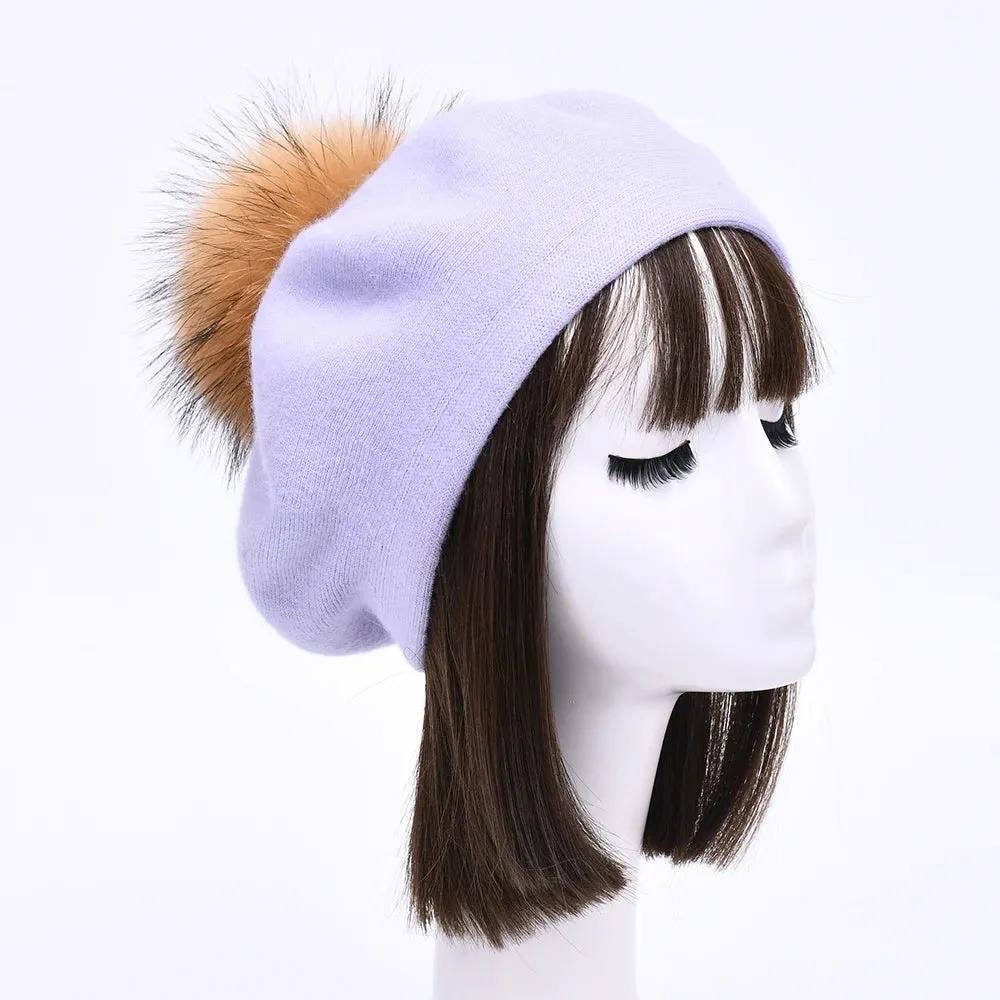 Winter Women's Knitted Wool Beret with Natural Raccoon Fur Pom-Pom