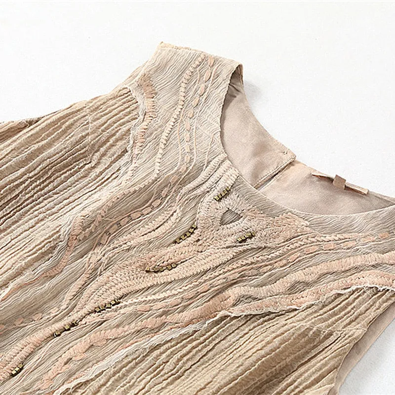 Women Fabric Ramie Appliques Solid O Collar Silk Dress