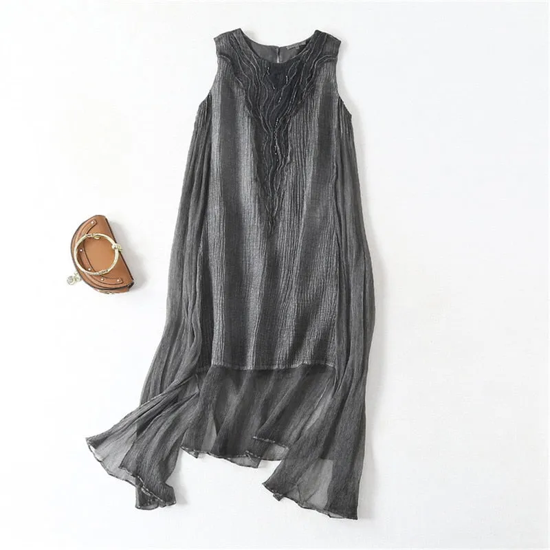 Women Fabric Ramie Appliques Solid O Collar Silk Dress
