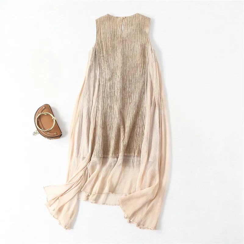 Women Fabric Ramie Appliques Solid O Collar Silk Dress