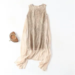 Women Fabric Ramie Appliques Solid O Collar Silk Dress