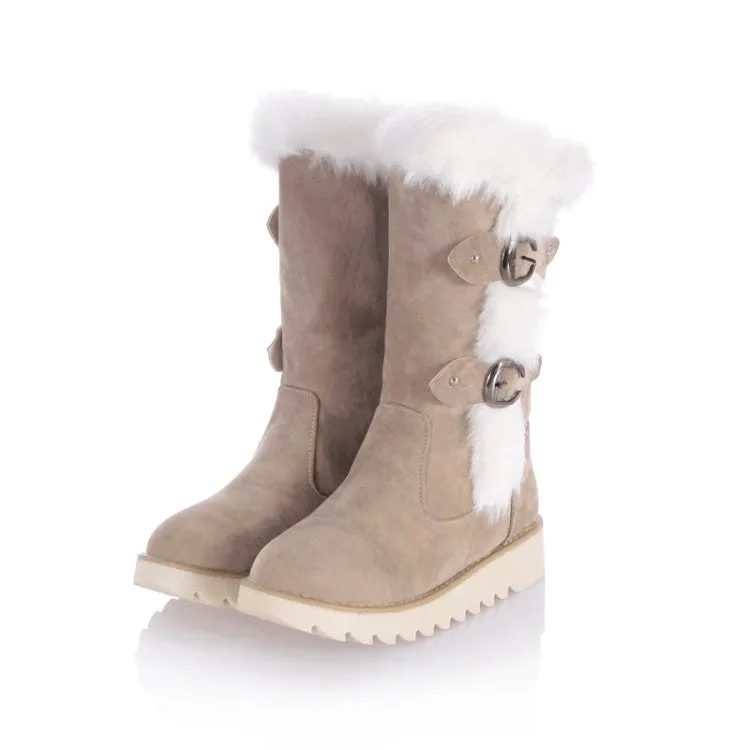 Women's Round Toe Buckle Straps Flat Platform Mid-Calf Boots