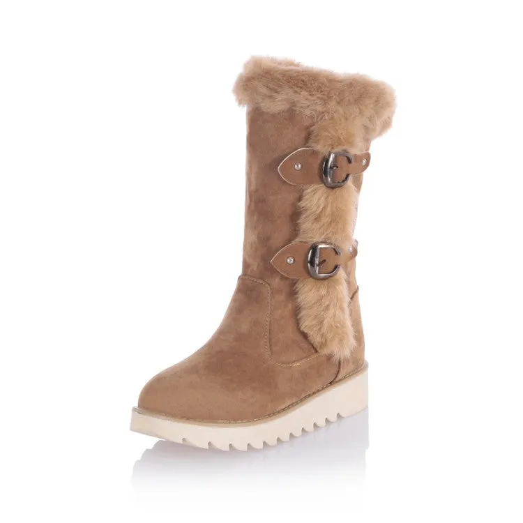Women's Round Toe Buckle Straps Flat Platform Mid-Calf Boots