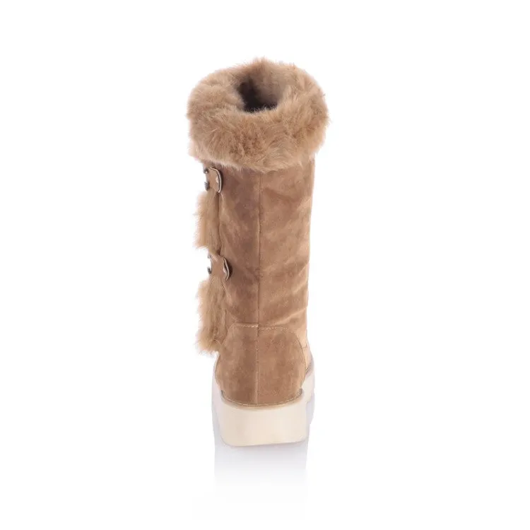 Women's Round Toe Buckle Straps Flat Platform Mid-Calf Boots