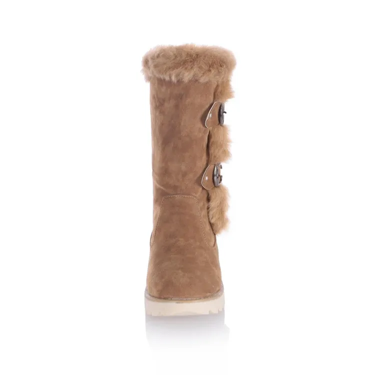 Women's Round Toe Buckle Straps Flat Platform Mid-Calf Boots