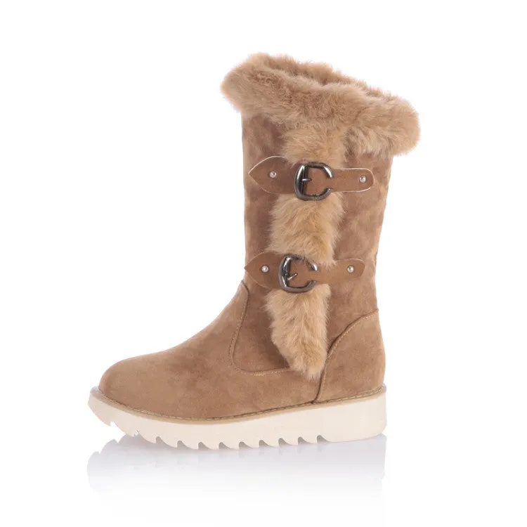 Women's Round Toe Buckle Straps Flat Platform Mid-Calf Boots