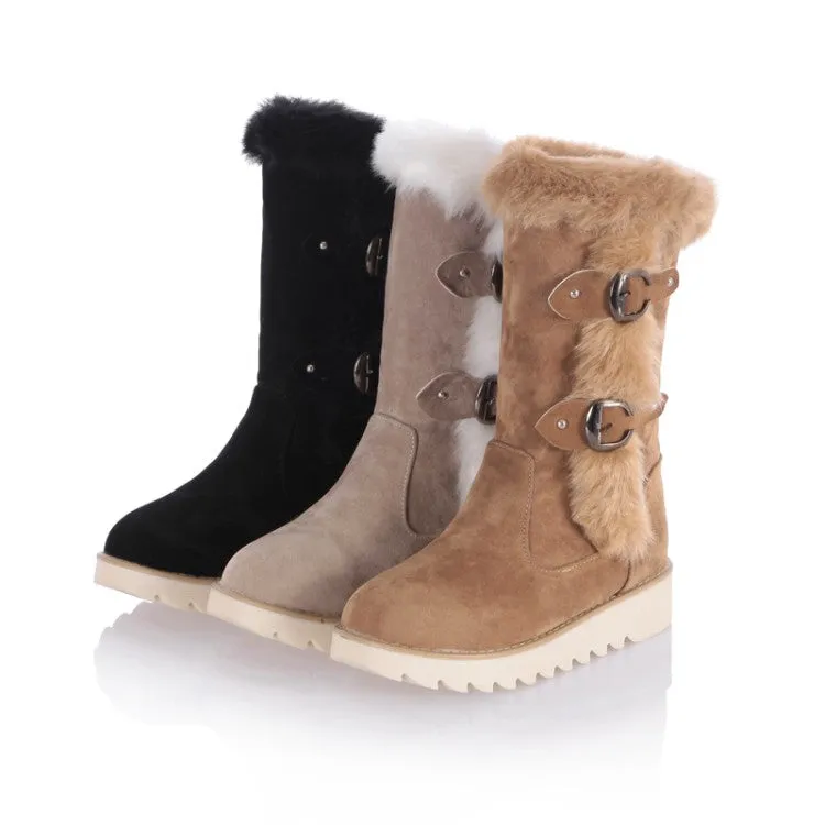 Women's Round Toe Buckle Straps Flat Platform Mid-Calf Boots