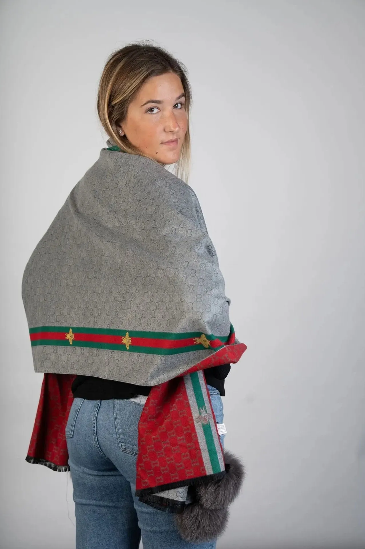 Woven Scarf W/Fox  Pom