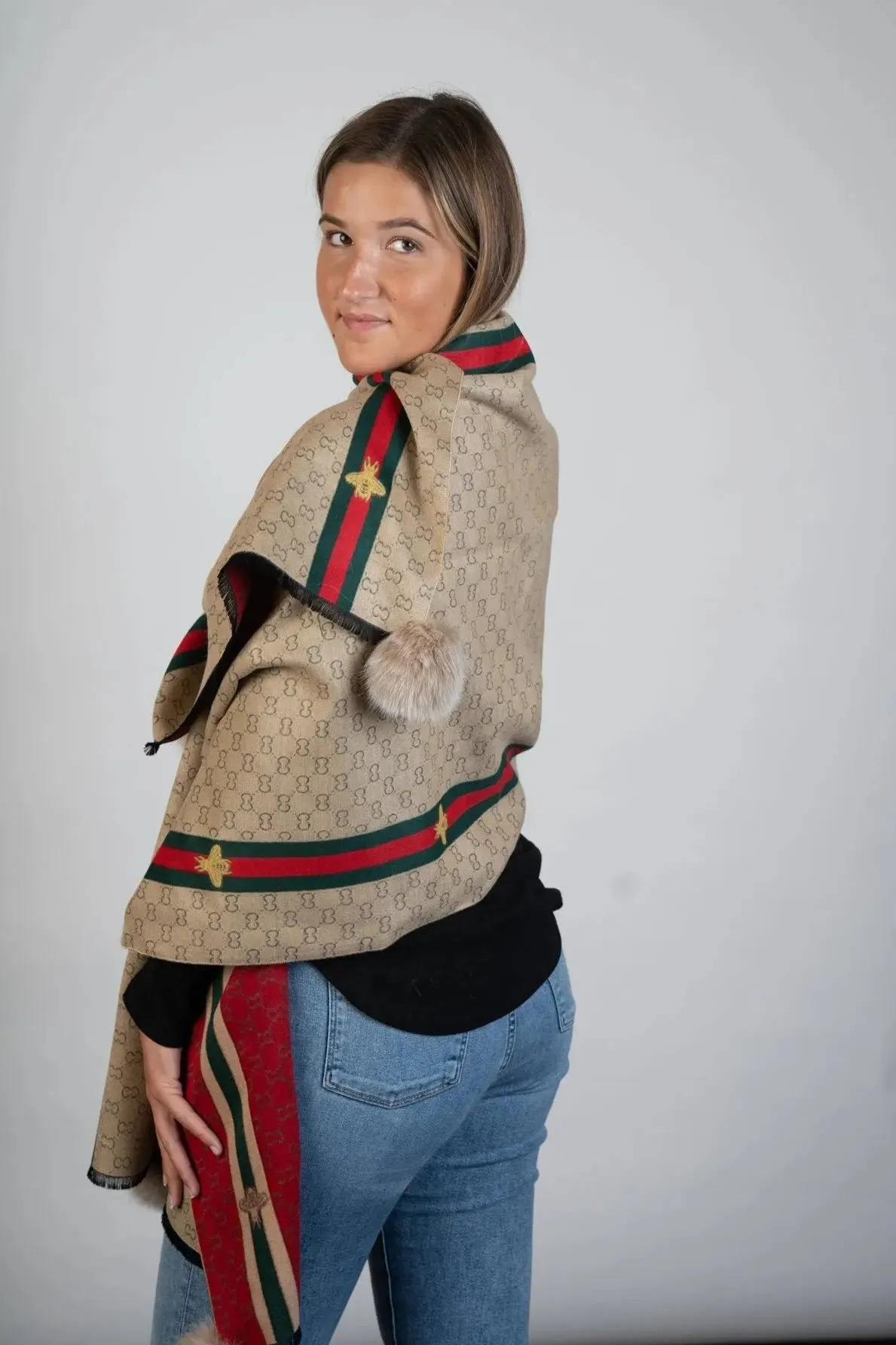 Woven Scarf W/Fox  Pom