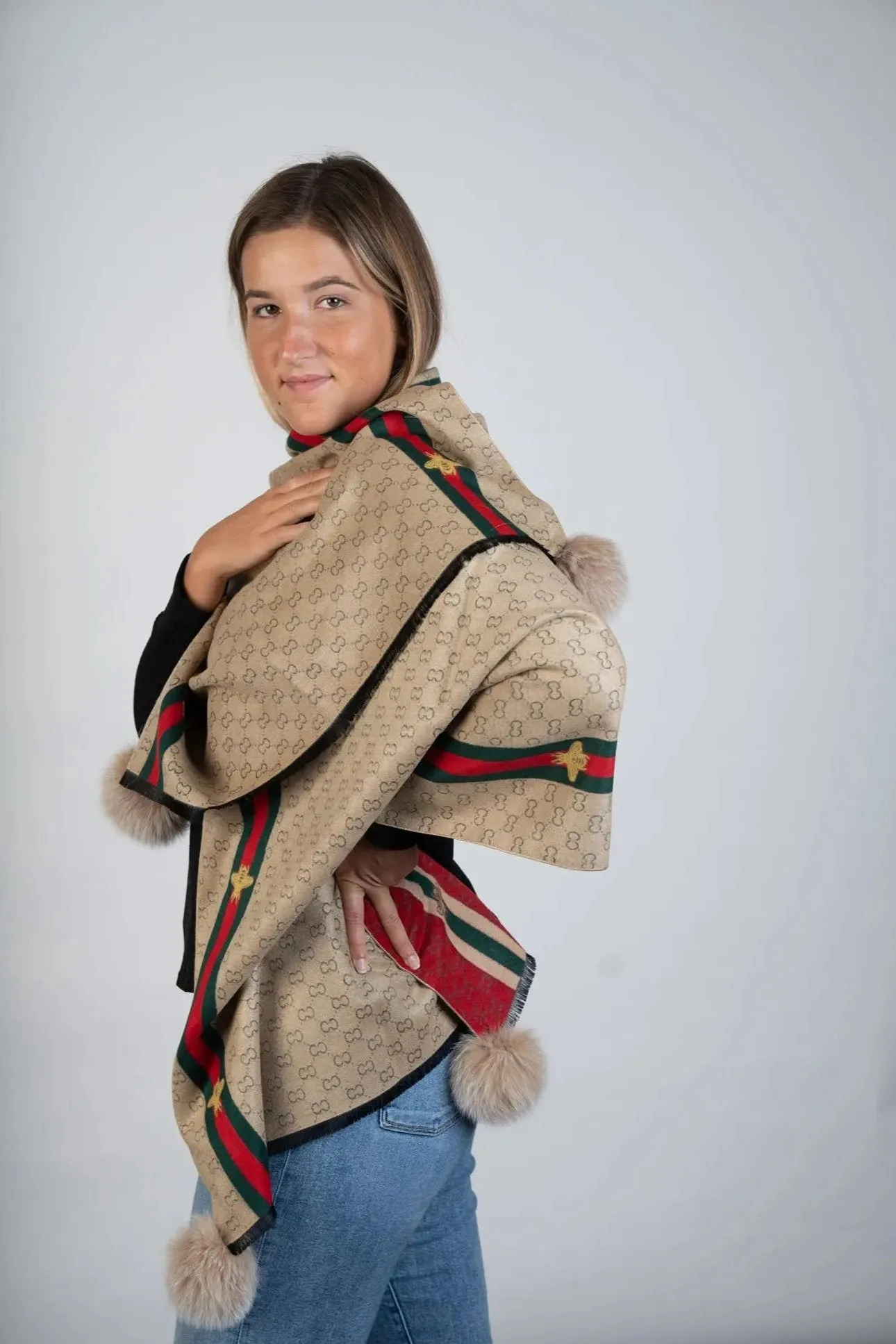 Woven Scarf W/Fox  Pom