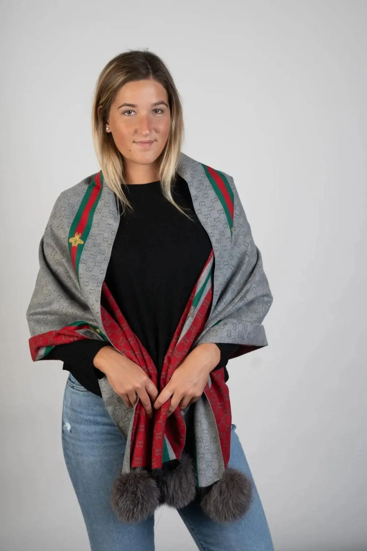 Woven Scarf W/Fox  Pom
