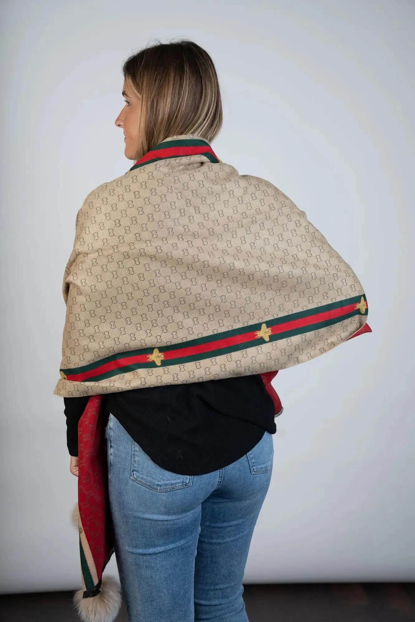 Woven Scarf W/Fox  Pom