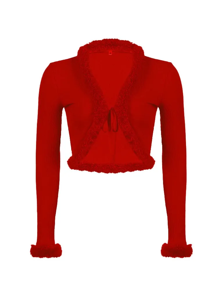 Y2K Knitted Sweater with Fur Single-Breasted Fur Collar Warm Cardigan Fluffy Fur
