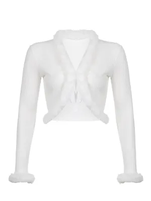 Y2K Knitted Sweater with Fur Single-Breasted Fur Collar Warm Cardigan Fluffy Fur