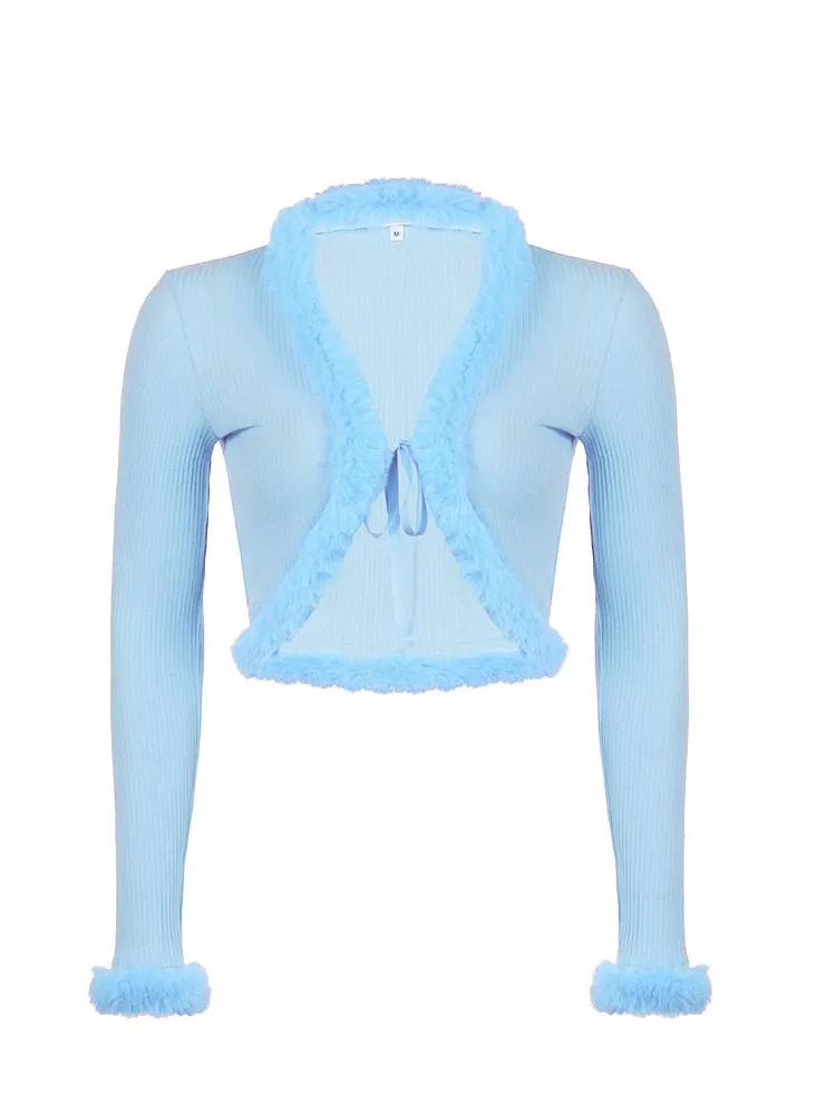 Y2K Knitted Sweater with Fur Single-Breasted Fur Collar Warm Cardigan Fluffy Fur
