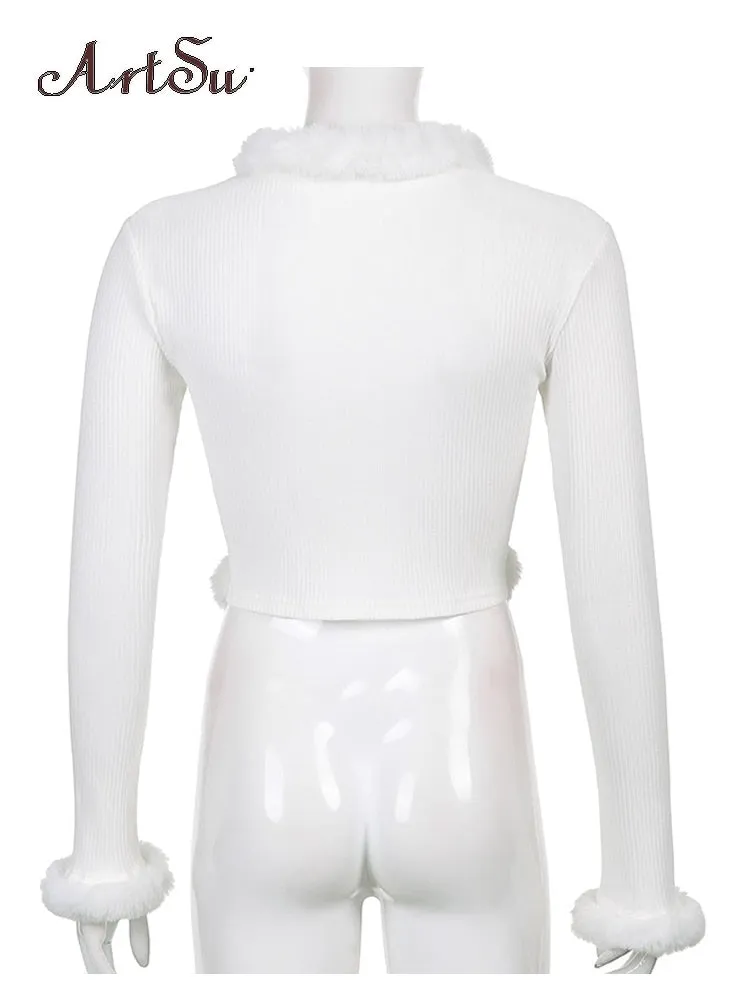 Y2K Knitted Sweater with Fur Single-Breasted Fur Collar Warm Cardigan Fluffy Fur
