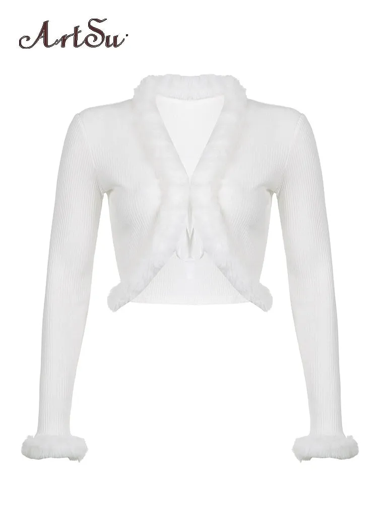 Y2K Knitted Sweater with Fur Single-Breasted Fur Collar Warm Cardigan Fluffy Fur