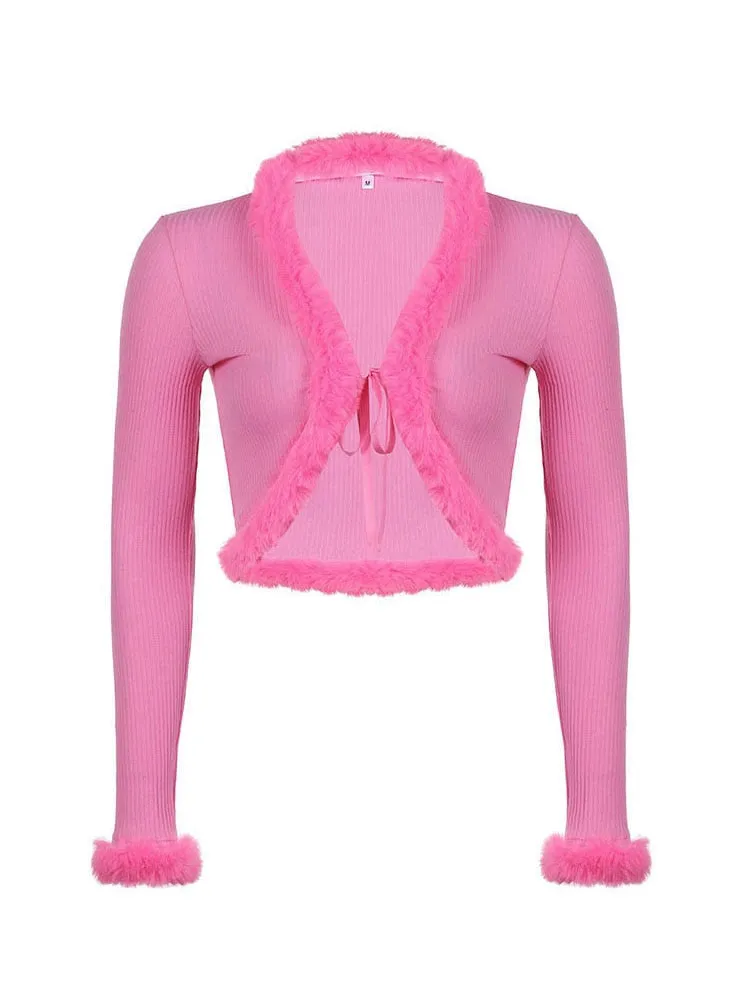 Y2K Knitted Sweater with Fur Single-Breasted Fur Collar Warm Cardigan Fluffy Fur