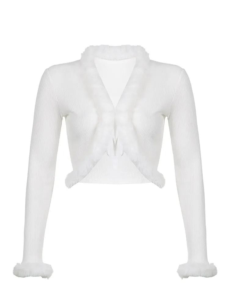 Y2K Knitted Sweater with Fur Single-Breasted Fur Collar Warm Cardigan Fluffy Fur